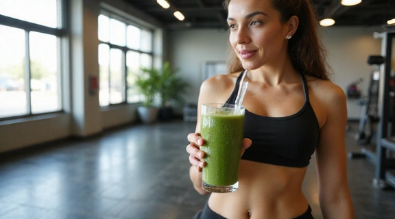 Osoba pije zeleni smoothie u teretani nakon vježbanja