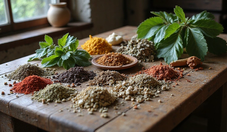 Stari drveni sto sa raznim sušenim biljkama i začinima, simbolizirajući tradicionalnu medicinu